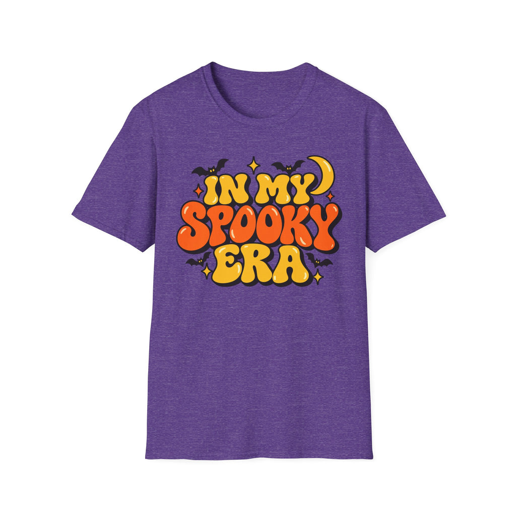 Purple Halloween graphic T-shirt with orange and yellow bubble lettering