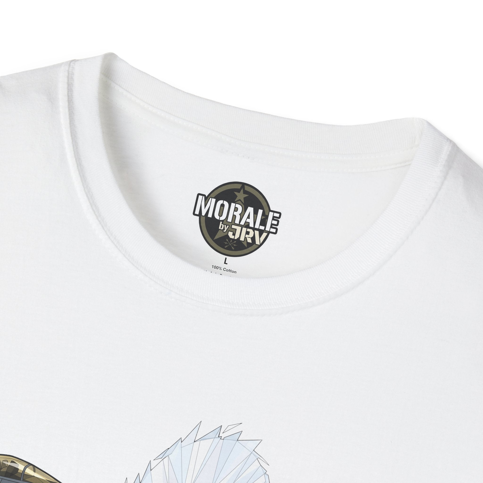 White T‑shirt neckline with “Morale” logo patch