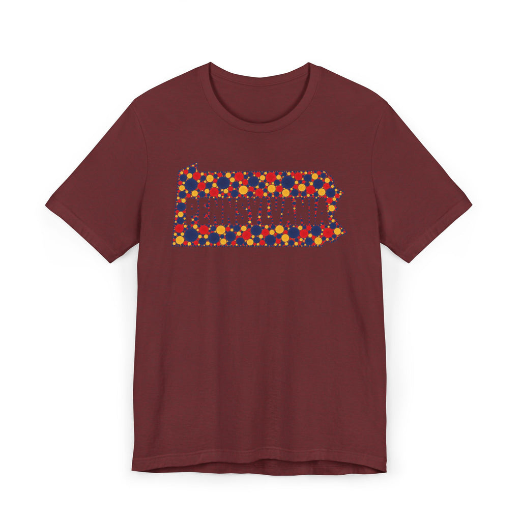 Burgundy crewneck T-shirt with colorful Pennsylvania graphic print