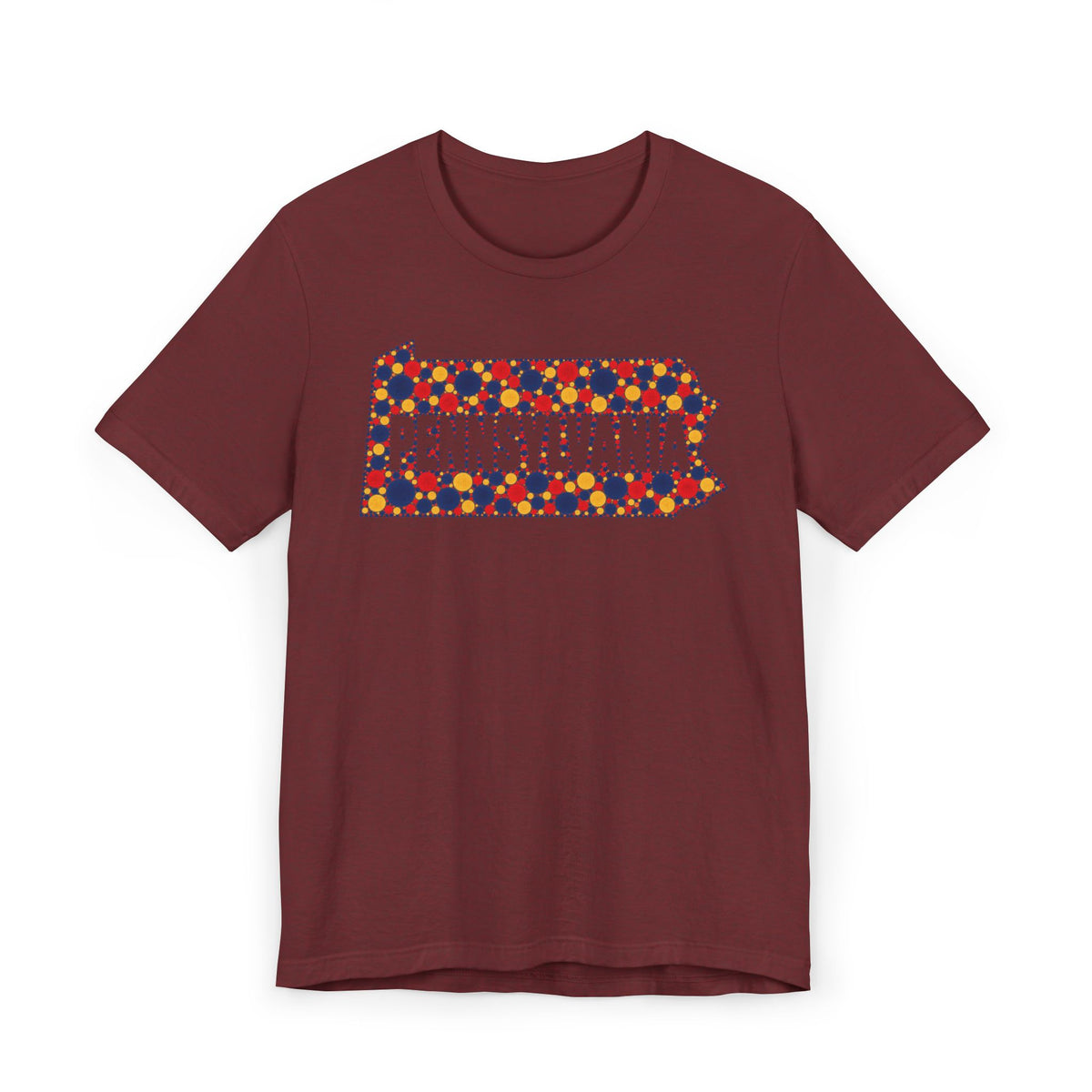 Burgundy crewneck T-shirt with colorful Pennsylvania graphic print