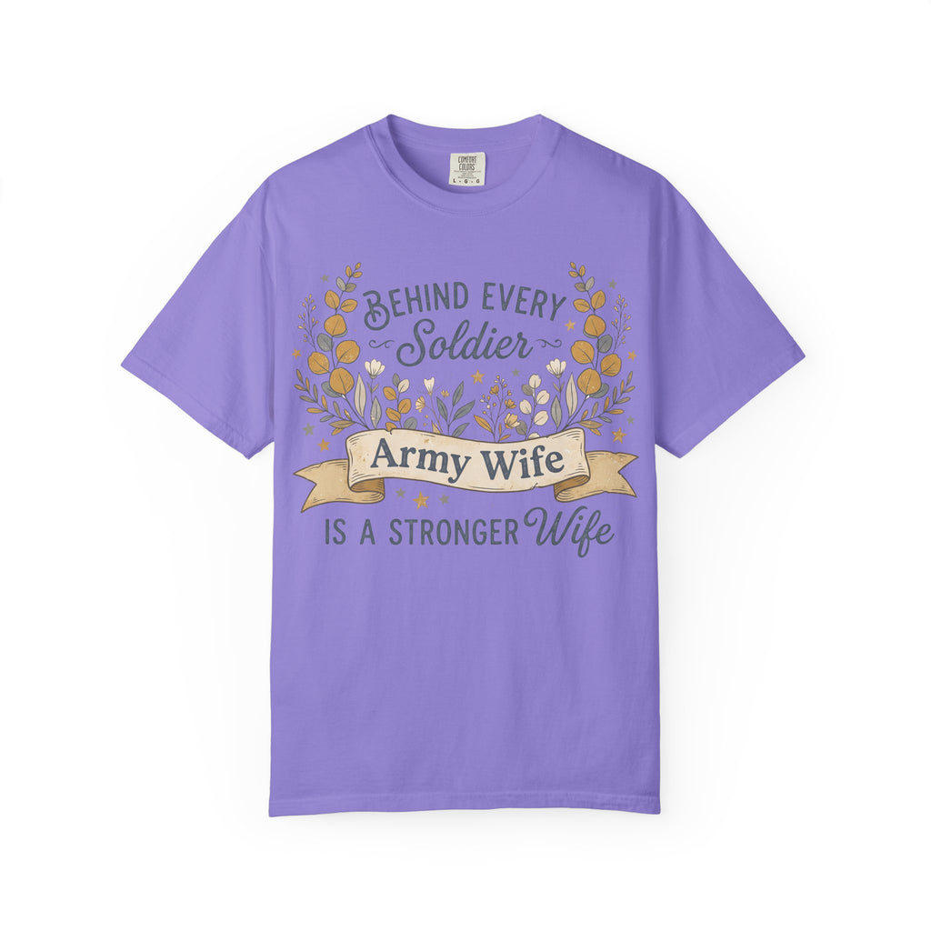 Purple Army Wife T-shirt with floral 'Behind Every Soldier' text graphic