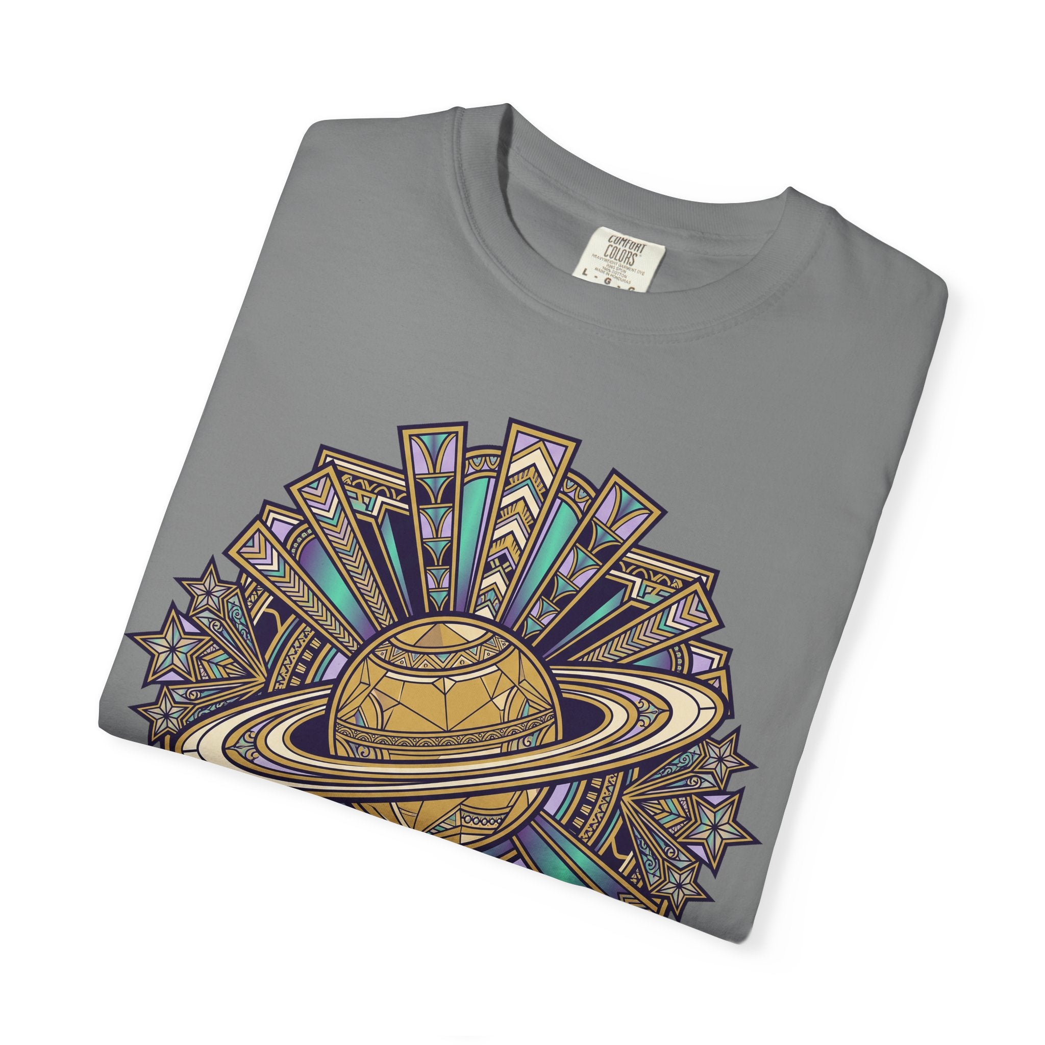 Dark gray crewneck T-shirt with multicolor Saturn ring mandala graphic, folded