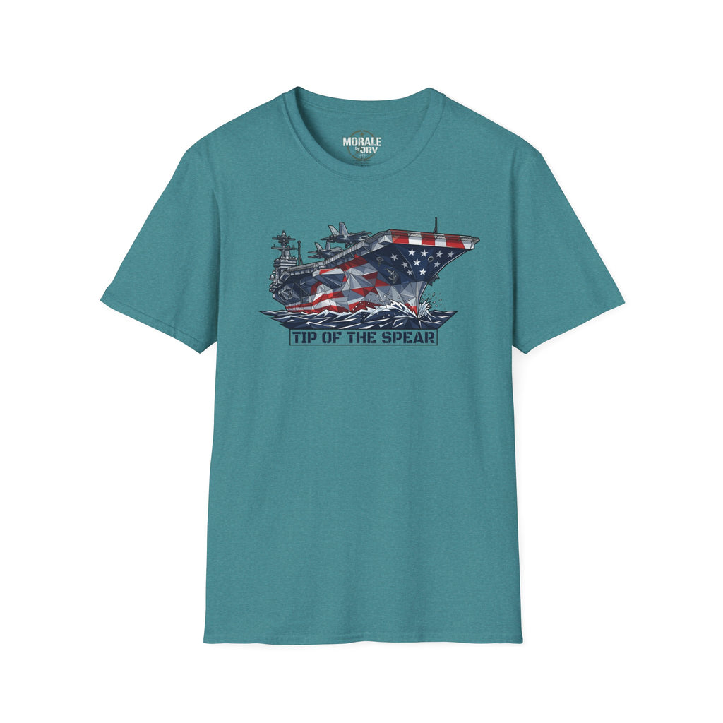 Heather Galapagos Blue T-Shirt mit „Tip of the Spear“-Grafik: Flugzeugträger mit US-Flagge