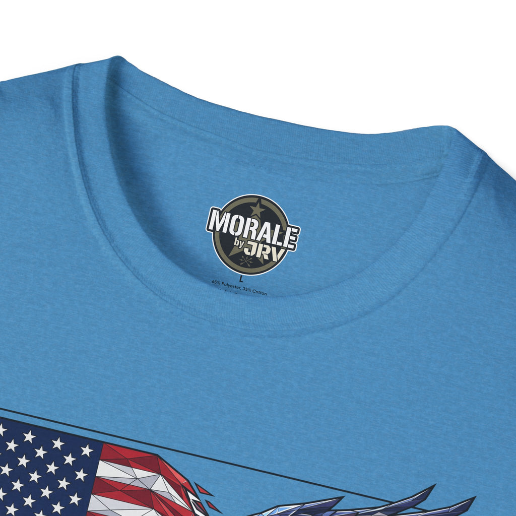 Light blue T-shirt neckline with small chest logo; top of patriotic graphic visible