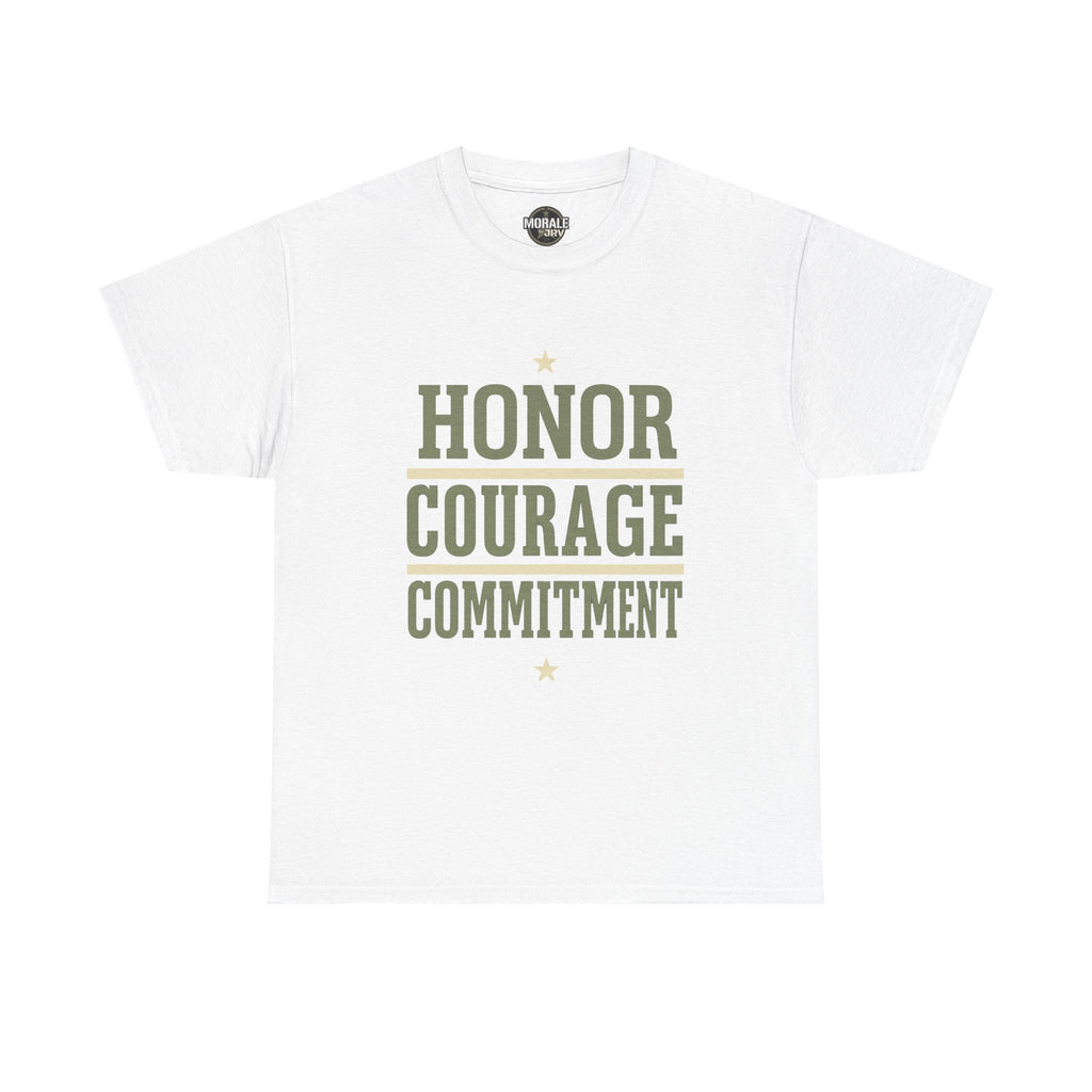 White T-shirt with “HONOR COURAGE COMMITMENT” graphic and star accents