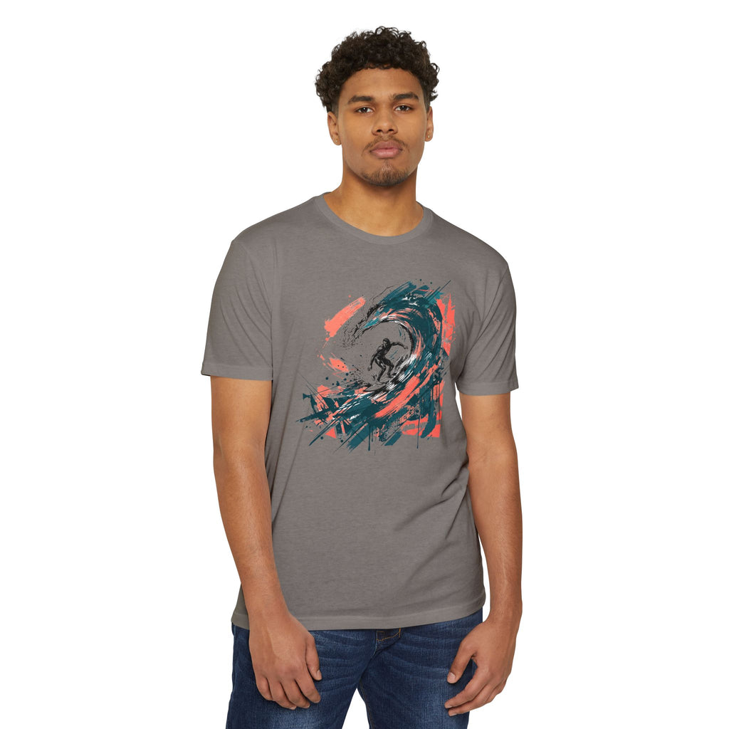 Charcoal T-shirt with abstract wave paintbrush graphic in teal and orange.