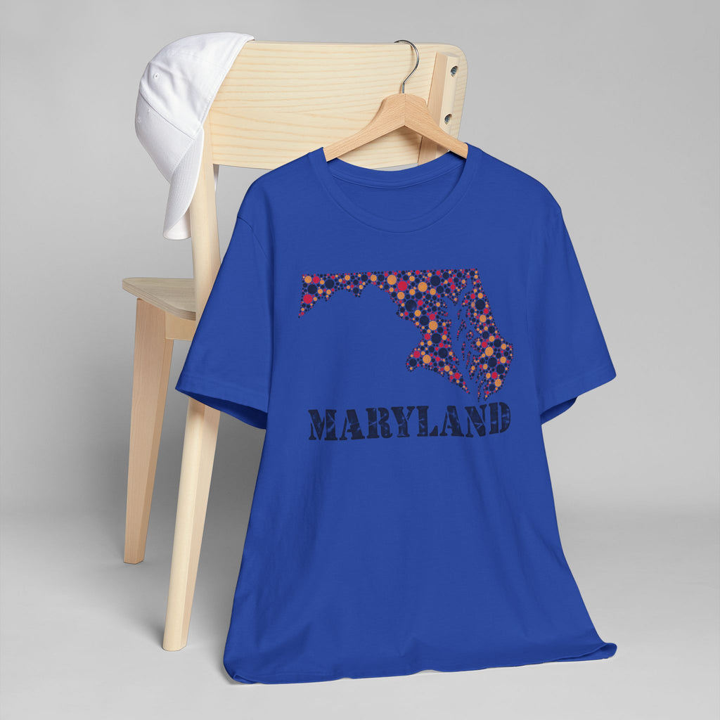 Royal blue t-shirt with Maryland floral map and Maryland word graphic