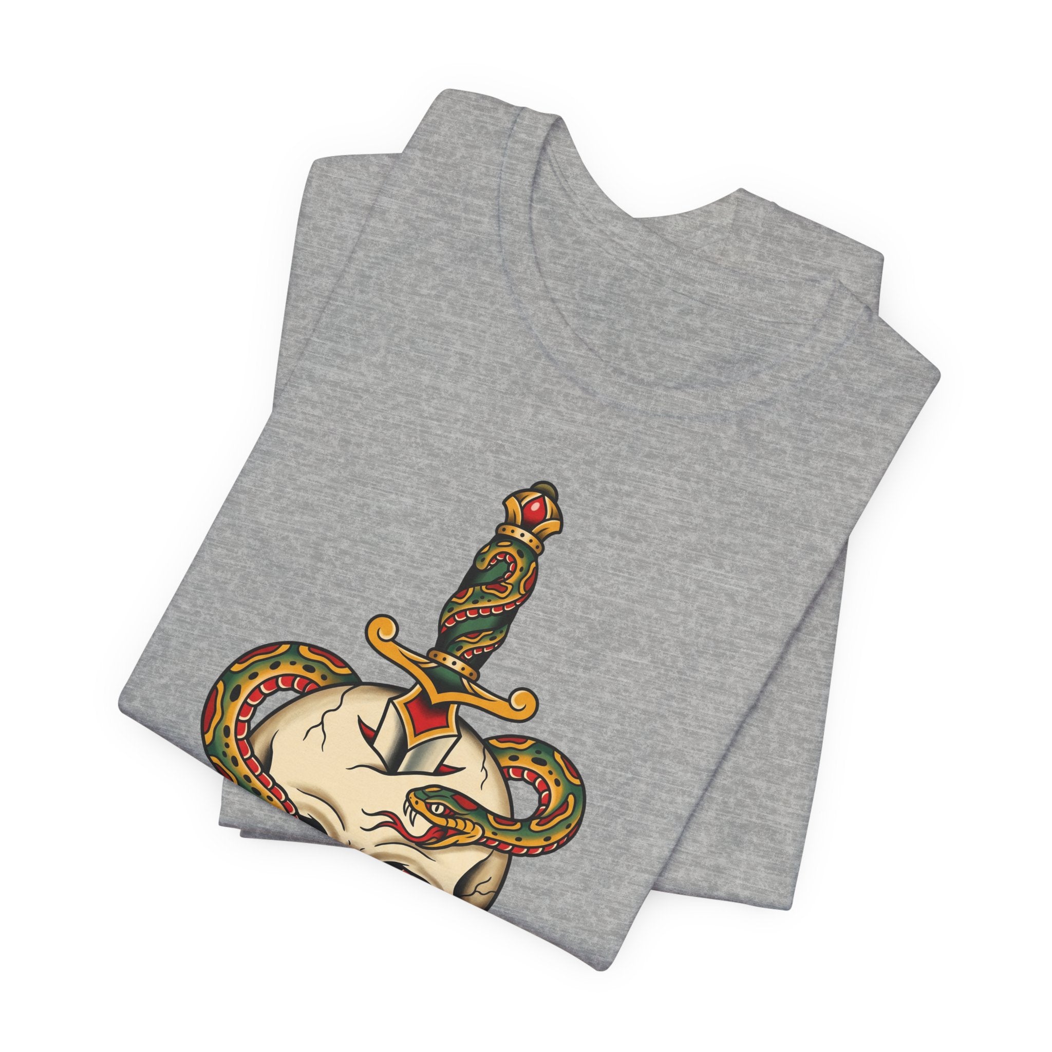 Heather grey T-shirt folded, showing colorful snake skull dagger graphic on back