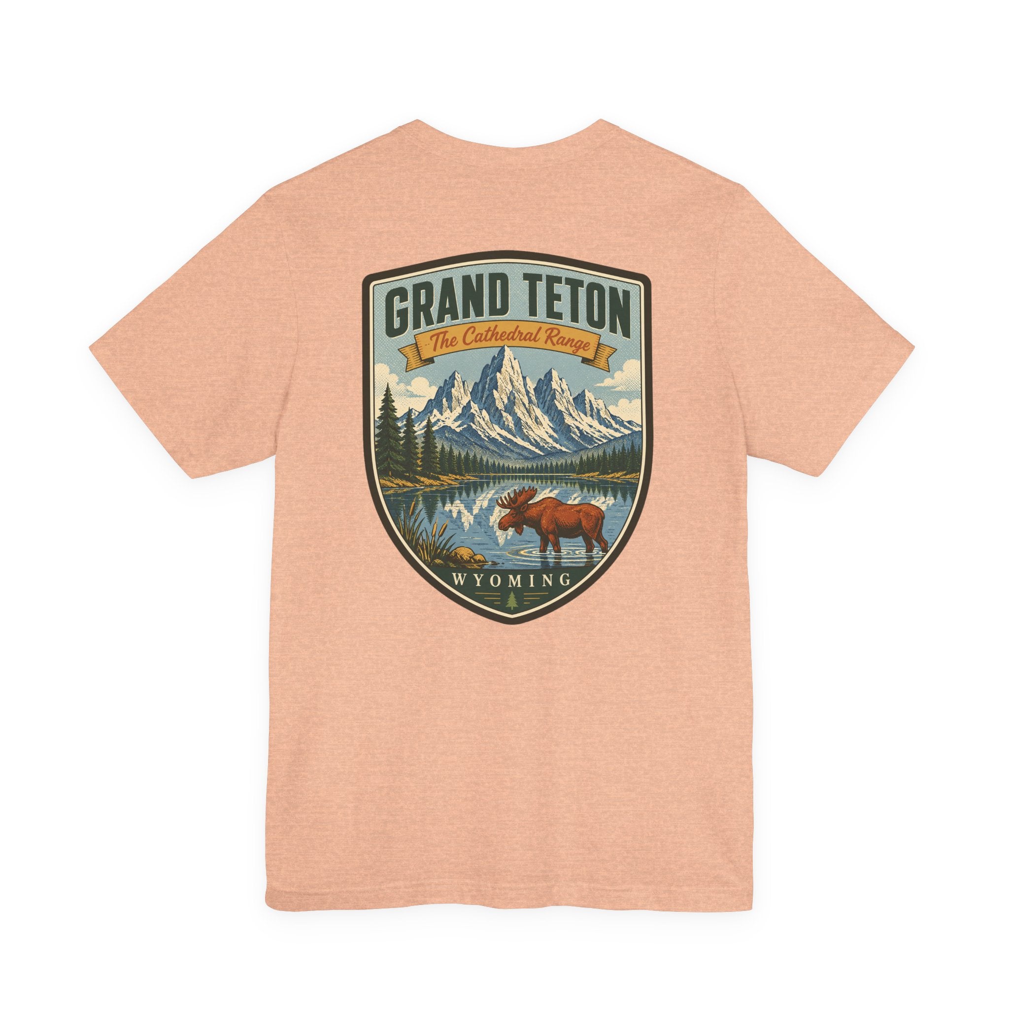 Heather peach crew-neck T-shirt with Grand Teton Wyoming scenic moose graphic center front.