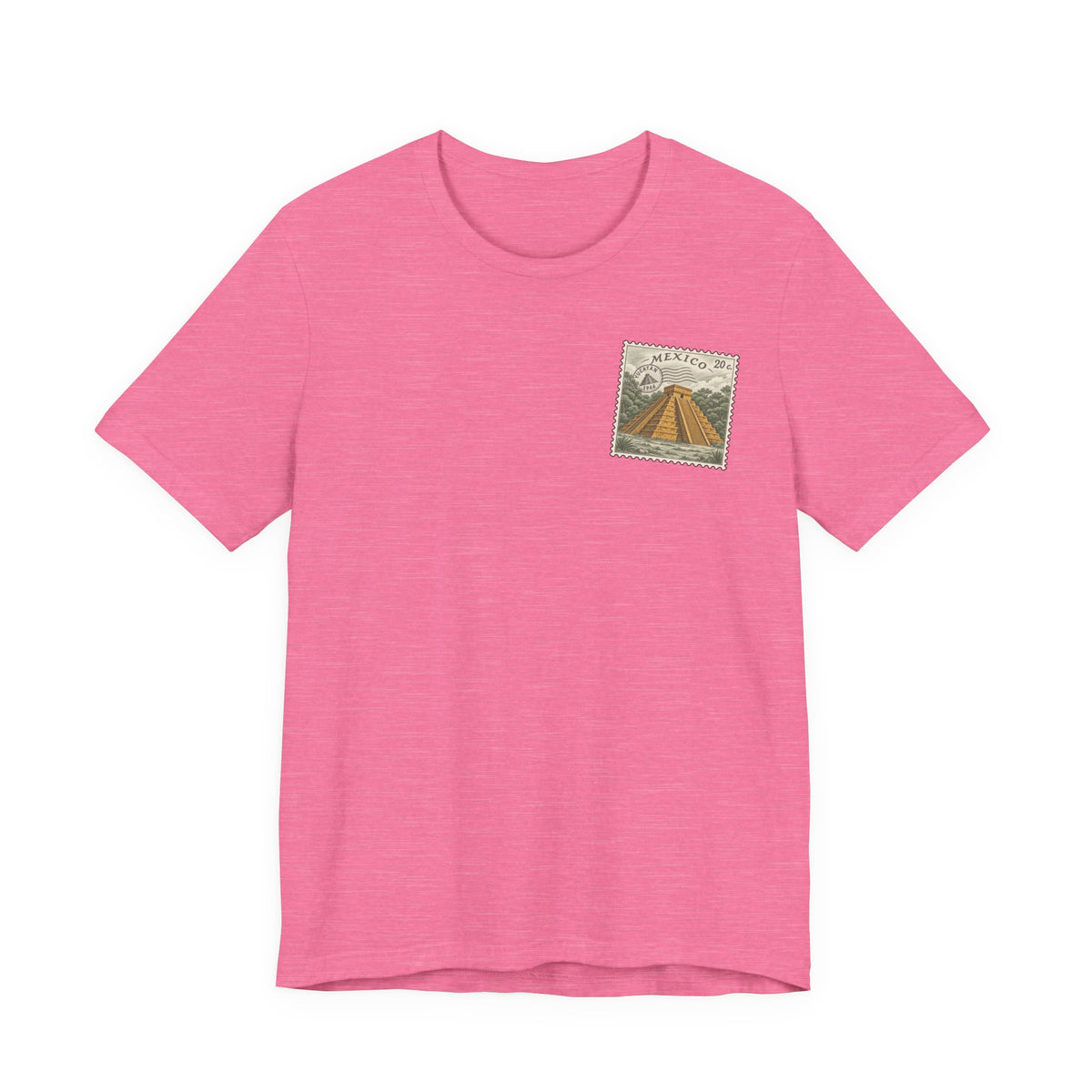Pink crew-neck t-shirt with small vintage Mexico postage-stamp graphic on chest.