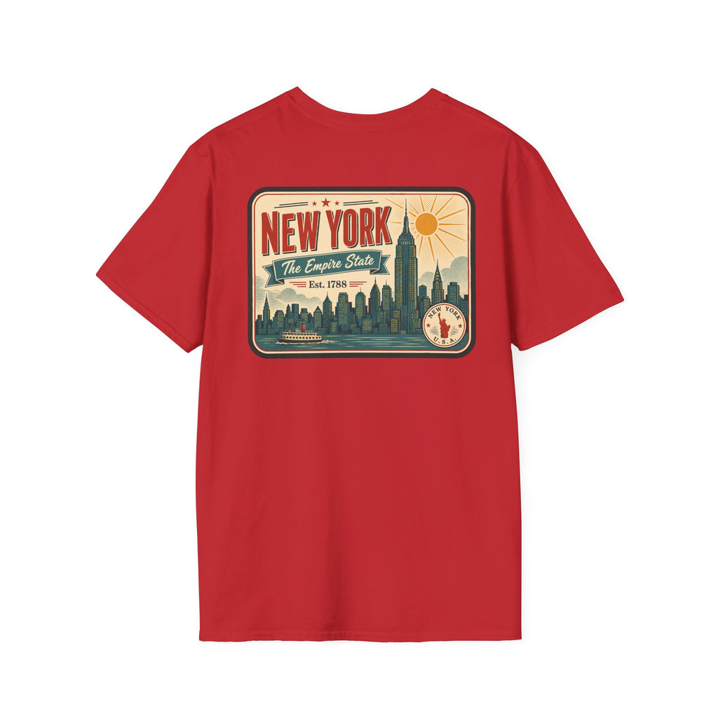 Red New York skyline graphic T-shirt, short-sleeve crew neck