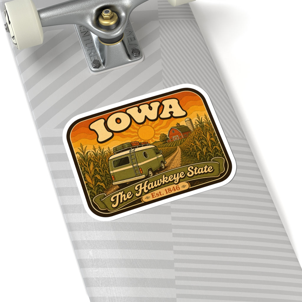 Kiss-cut Iowa sticker with cornfield road, green van, house, and Hawkeye State