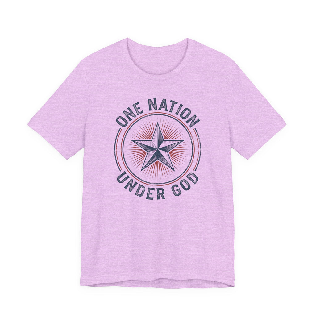 Lavender patriotic star badge T-shirt with 'Under God' text