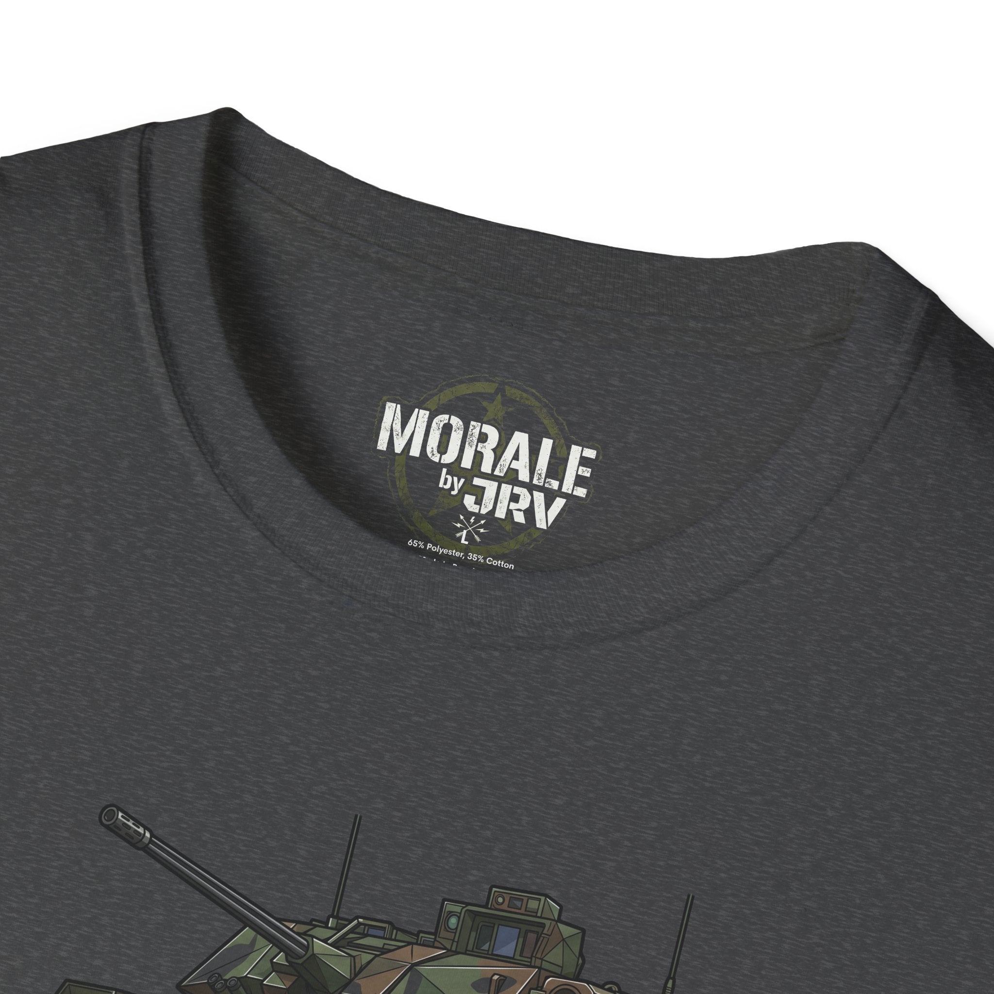 Bradley Fighting Vehicle camo tank T-shirt, neckline logo on charcoal