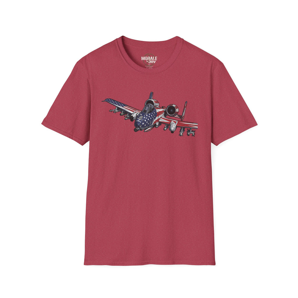Cardinal red A-10 Warthog T-shirt with American flag aircraft graphic