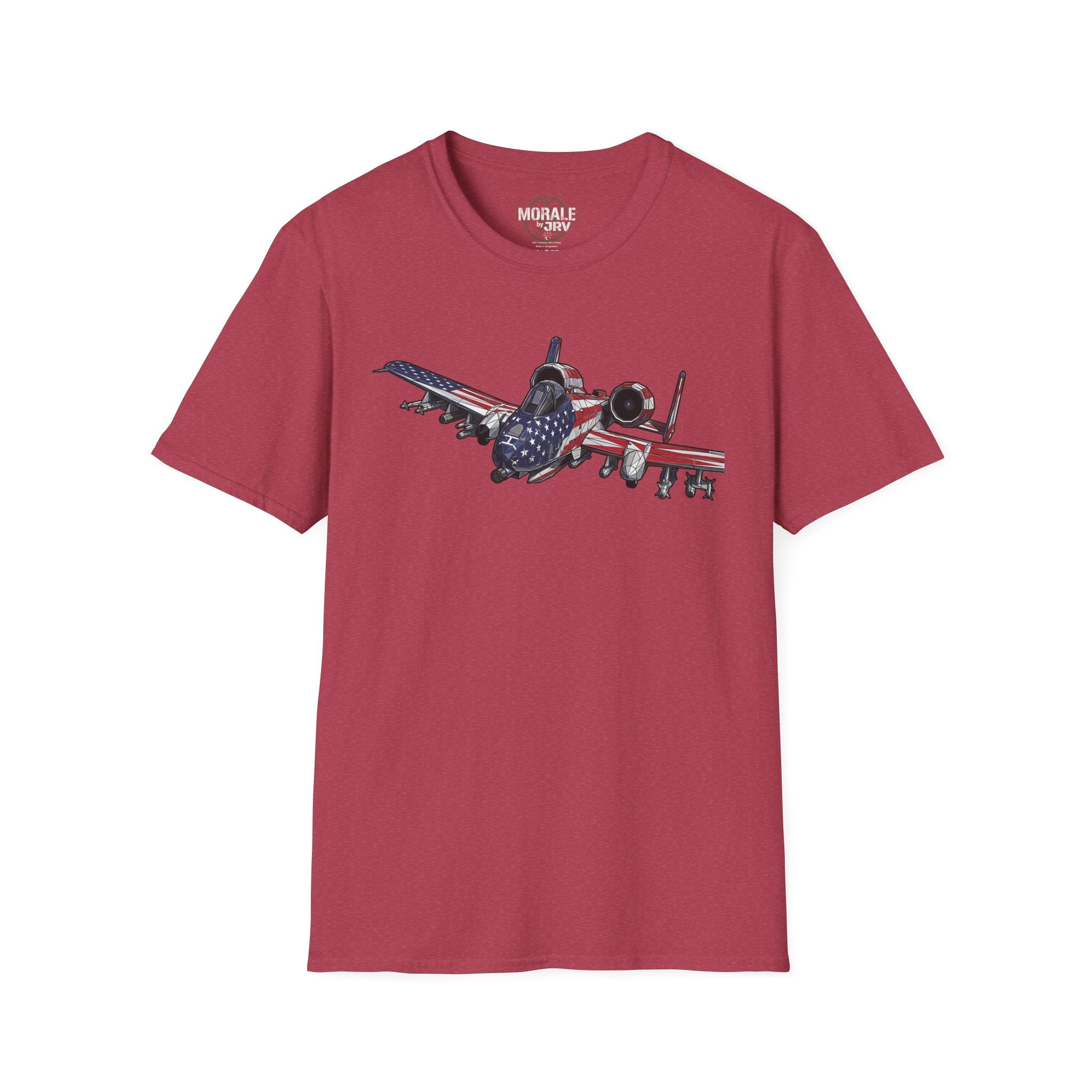 Cardinal red A-10 Warthog T-shirt with American flag aircraft graphic