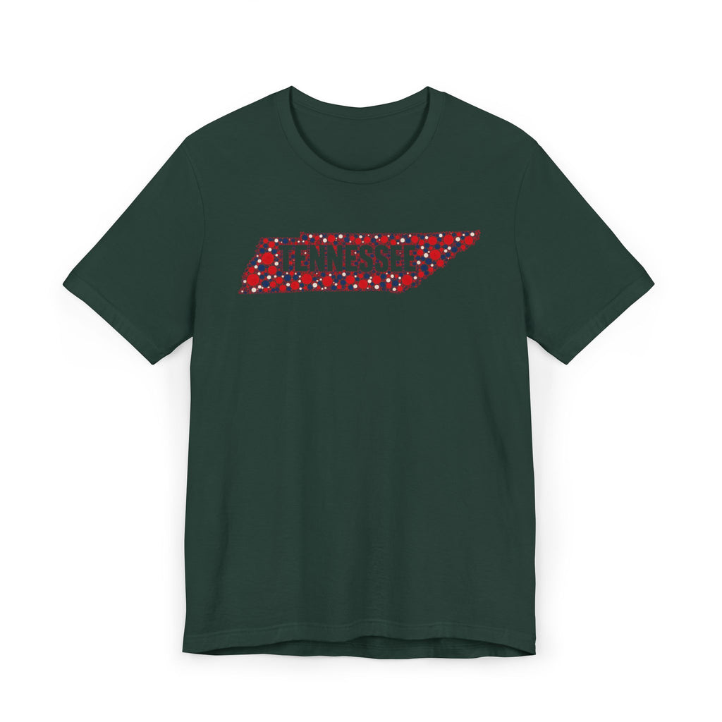 Forest green t-shirt with colorful floral Tennessee state outline graphic across chest