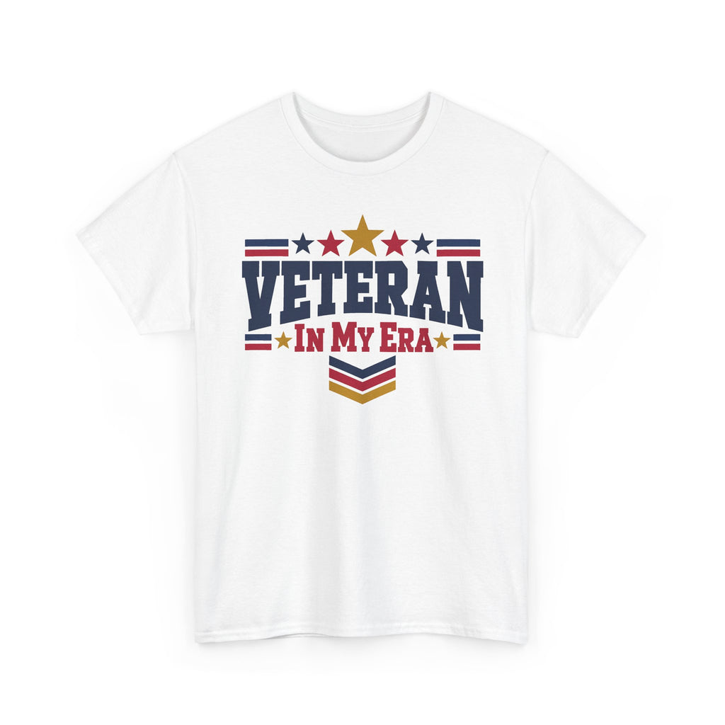 White veteran graphic t-shirt with stars-and-stripes “Veteran in My Era” print