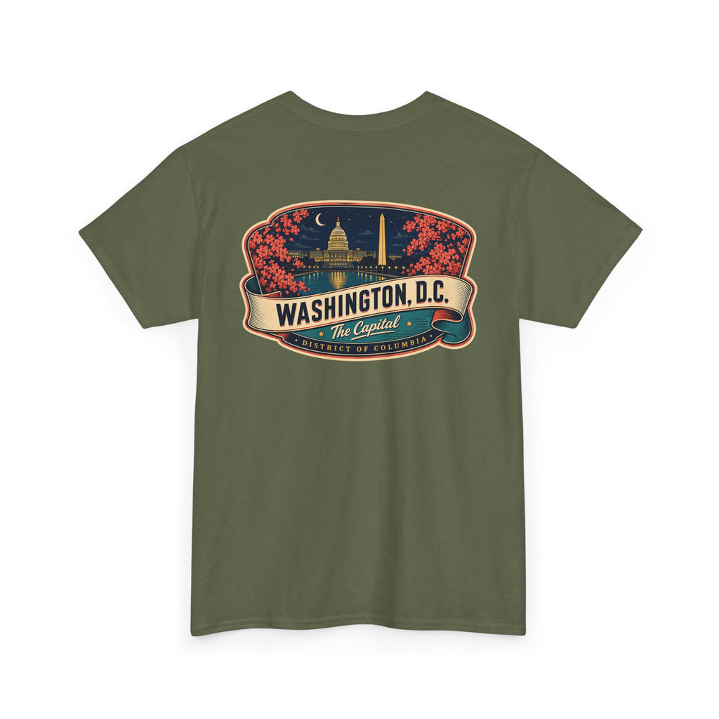 Olive green T-shirt with large Washington, D.C. landmark badge graphic across the chest