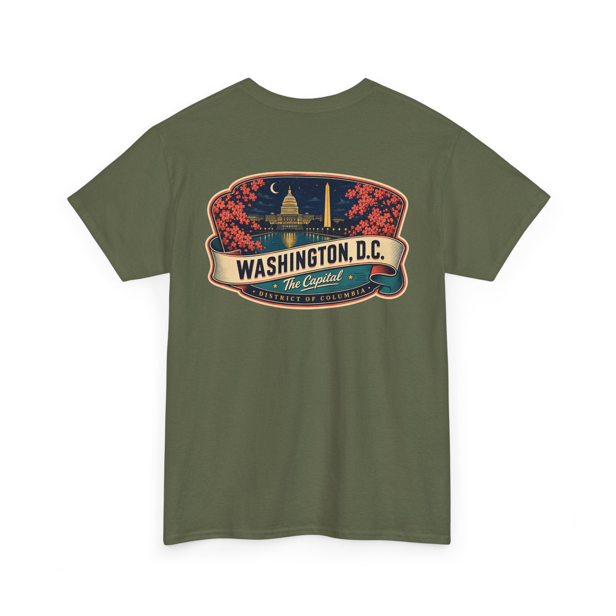 Olive green T-shirt with large Washington, D.C. landmark badge graphic across the chest