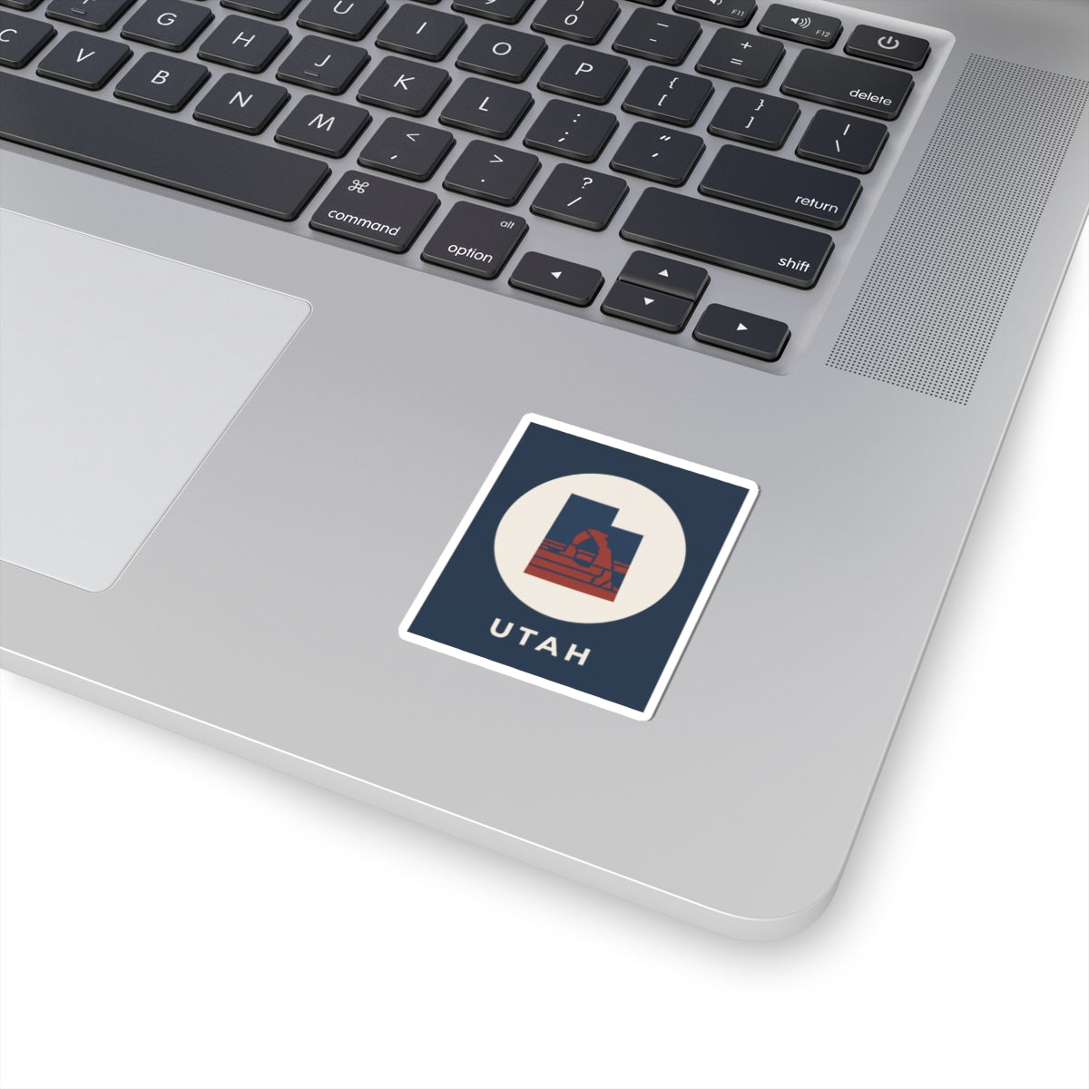 Utah state arch kiss-cut sticker, square navy design with Utah wordmark