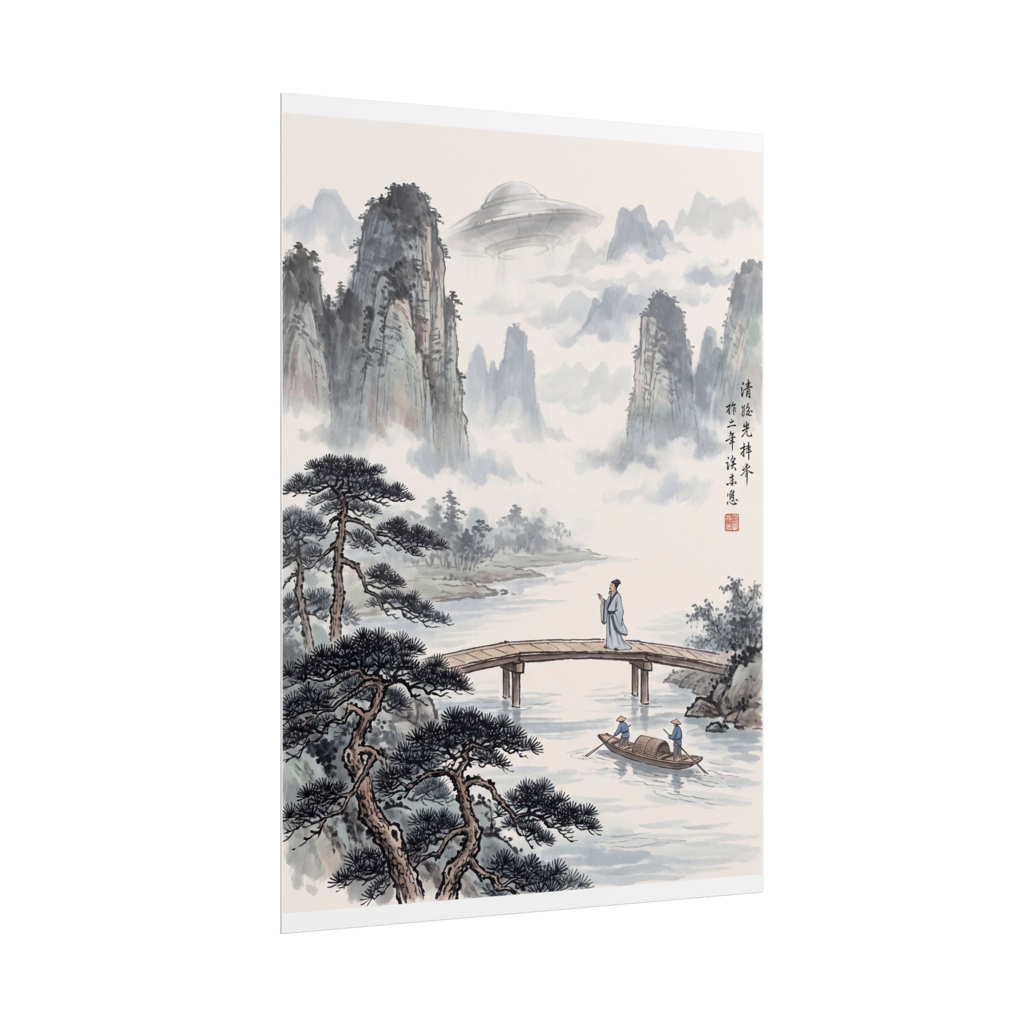Landscape rolled poster with misty mountains, foreground trees, and a bridge over the river.