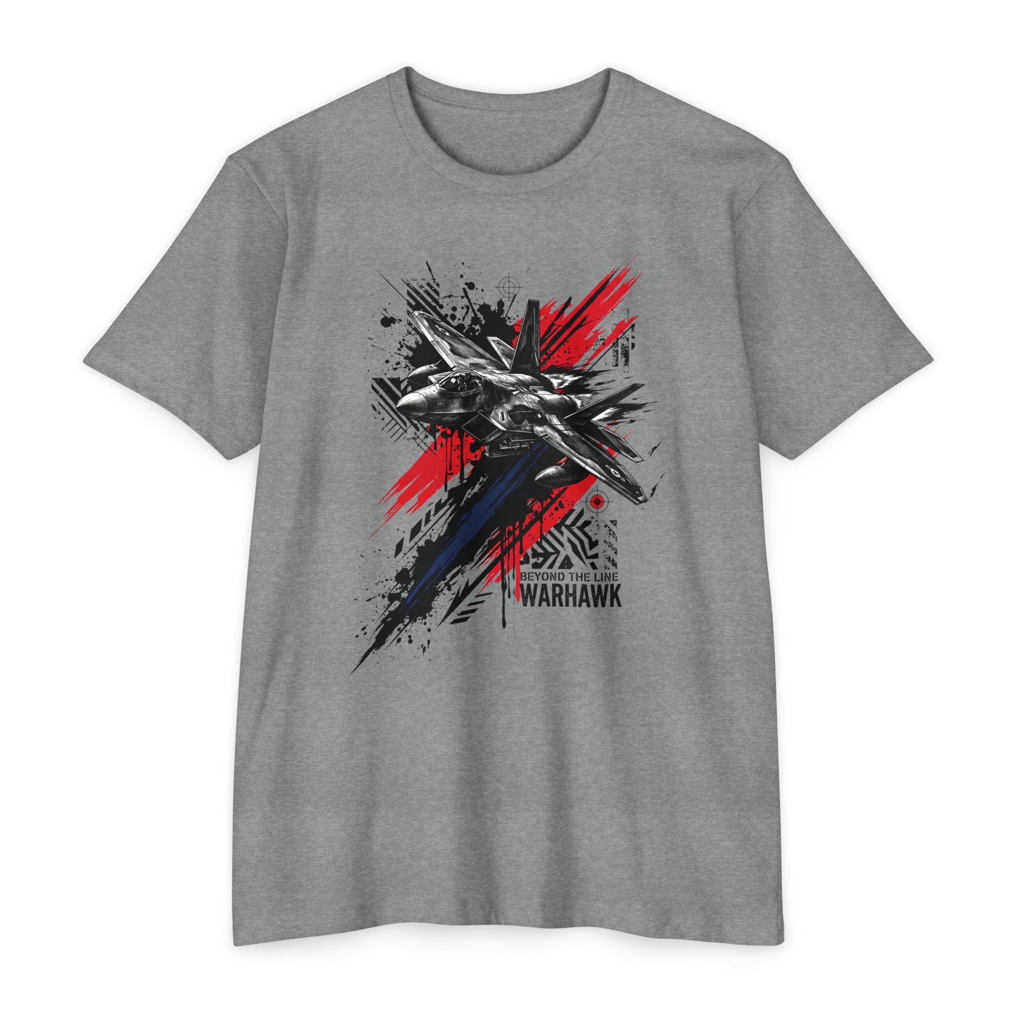 Crew neck T-shirt in heather gray with warplane graffiti graphic in red, blue, and black.