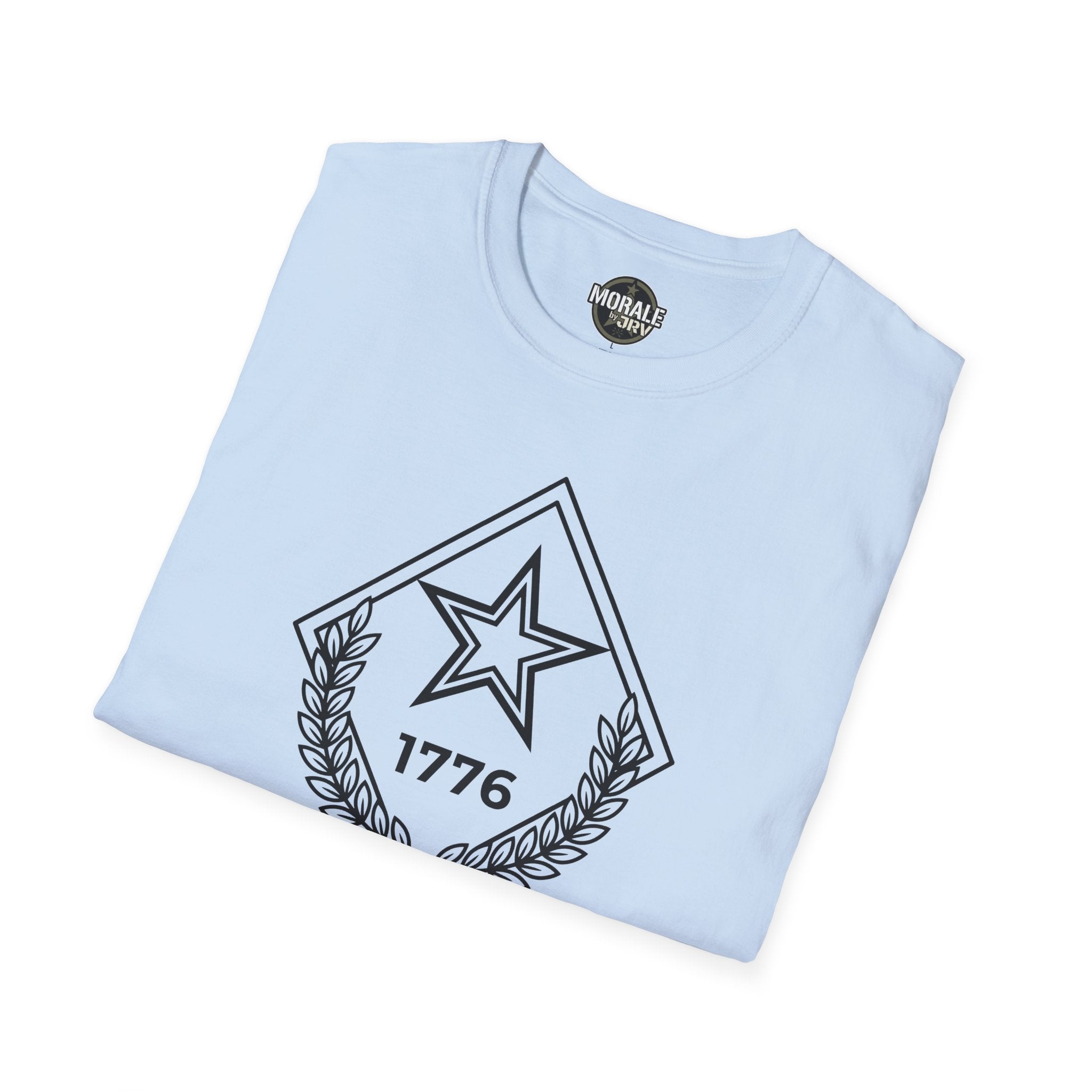Light blue t-shirt with outlined star laurel emblem and “1776” graphic on chest