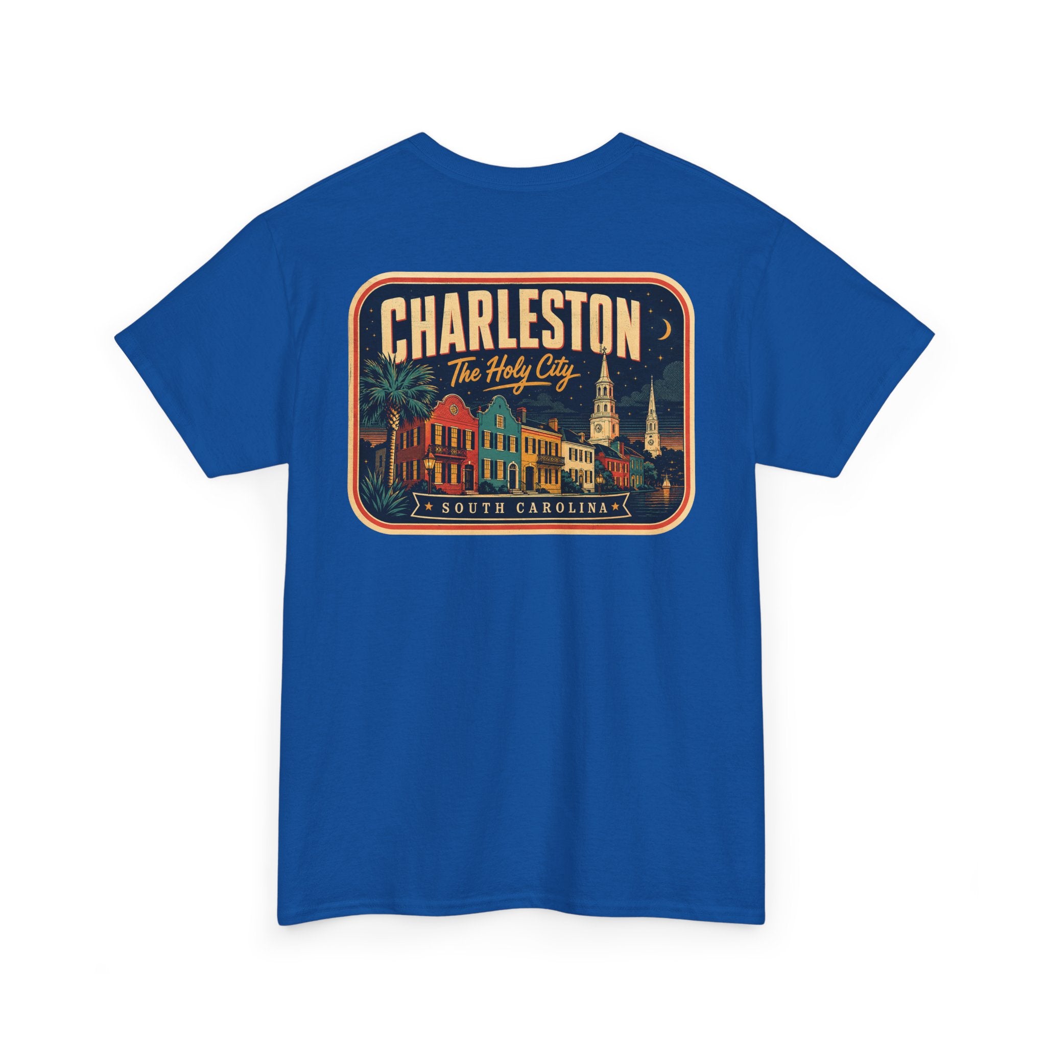 Royal blue T-shirt with round Charleston city badge graphic on chest