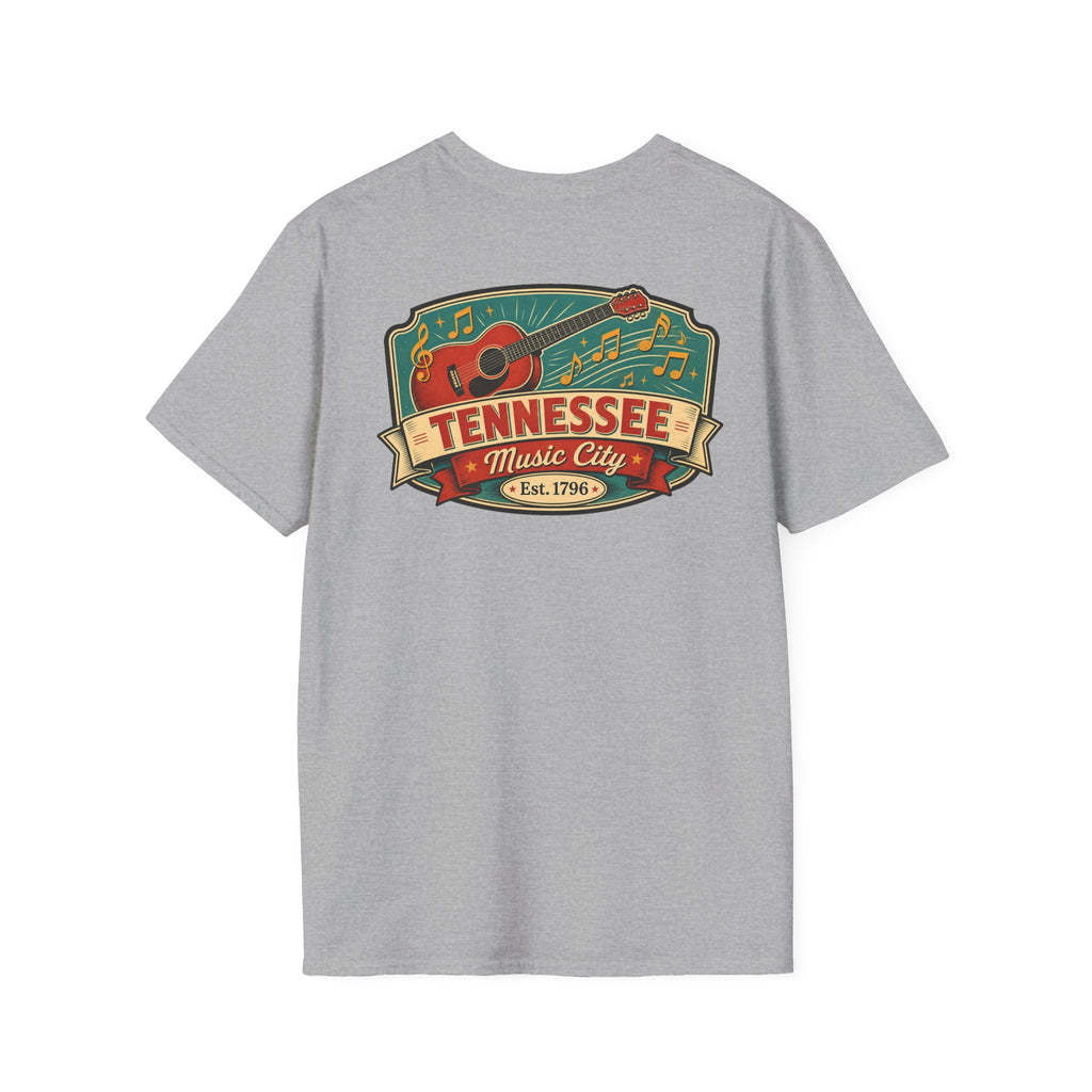 Light gray graphic T-shirt with Tennessee Music City badge and guitar