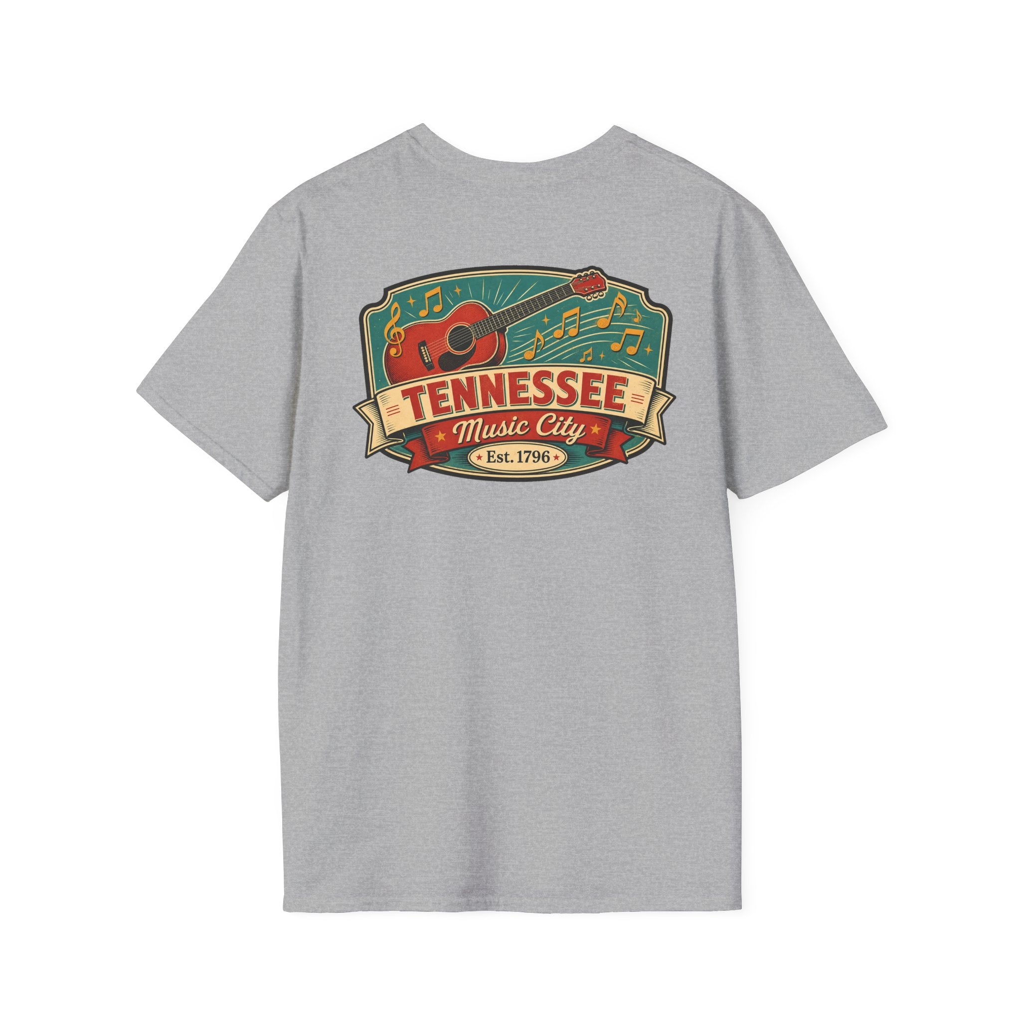 Light gray graphic T-shirt with Tennessee Music City badge and guitar