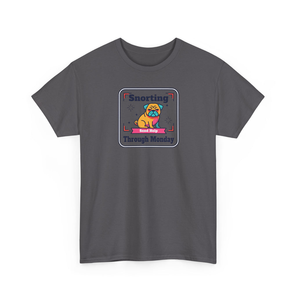 Charcoal crewneck T-shirt with pug graphic badge on the front.