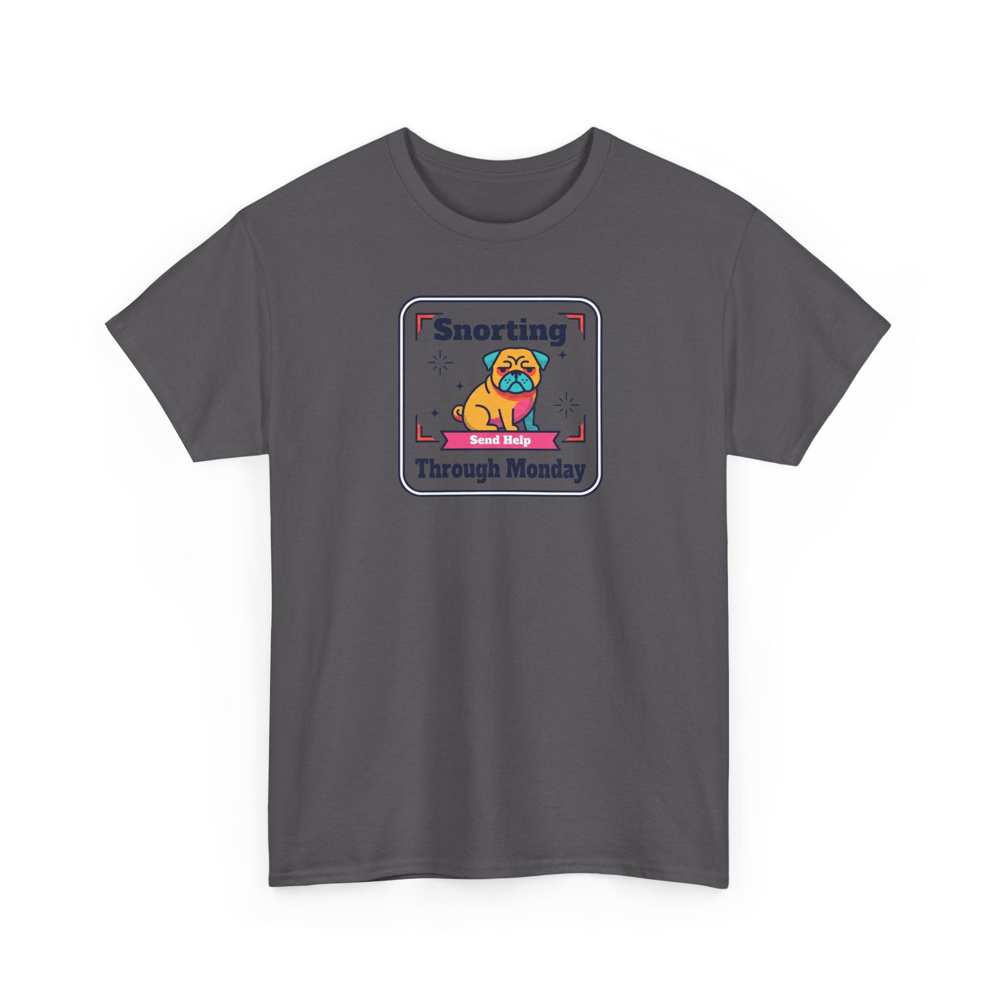 Charcoal crewneck T-shirt with pug graphic badge on the front.