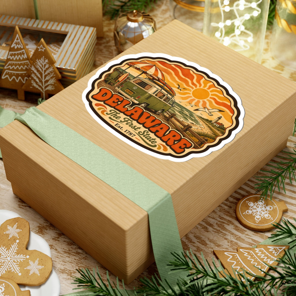 Delaware oval sticker on gift box with vintage van beach illustration and orange sun