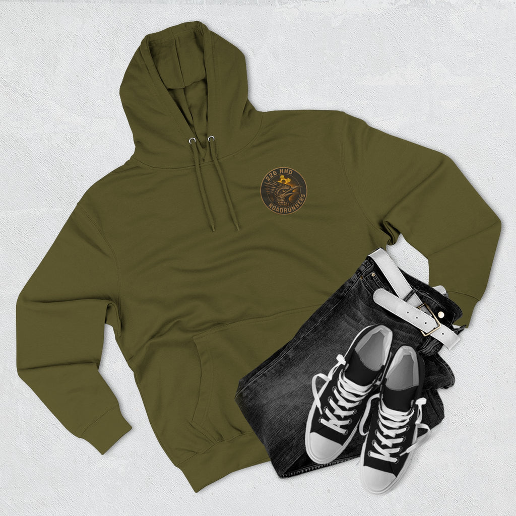Army green pullover hoodie with drawstring hood and round chest logo.