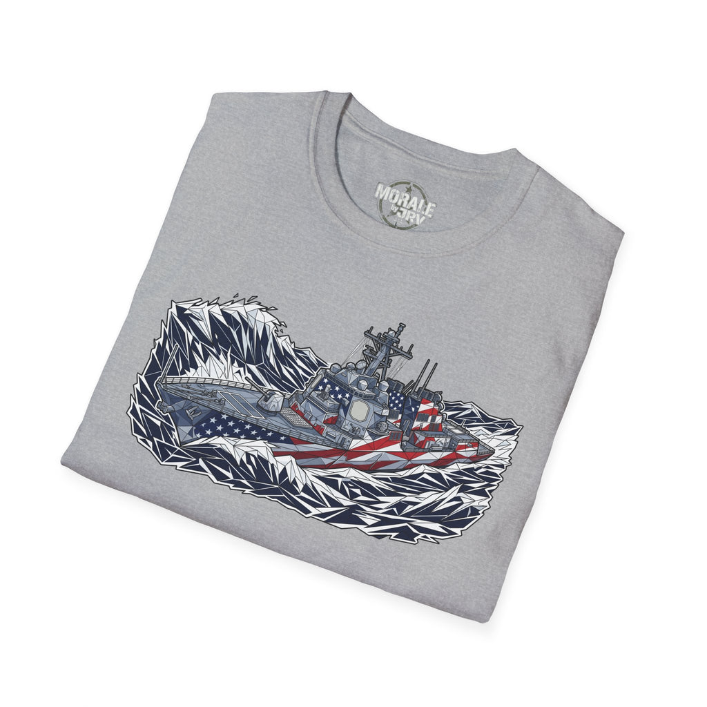 American flag battleship T-shirt on sport grey tee with navy ship graphic and stars stripes