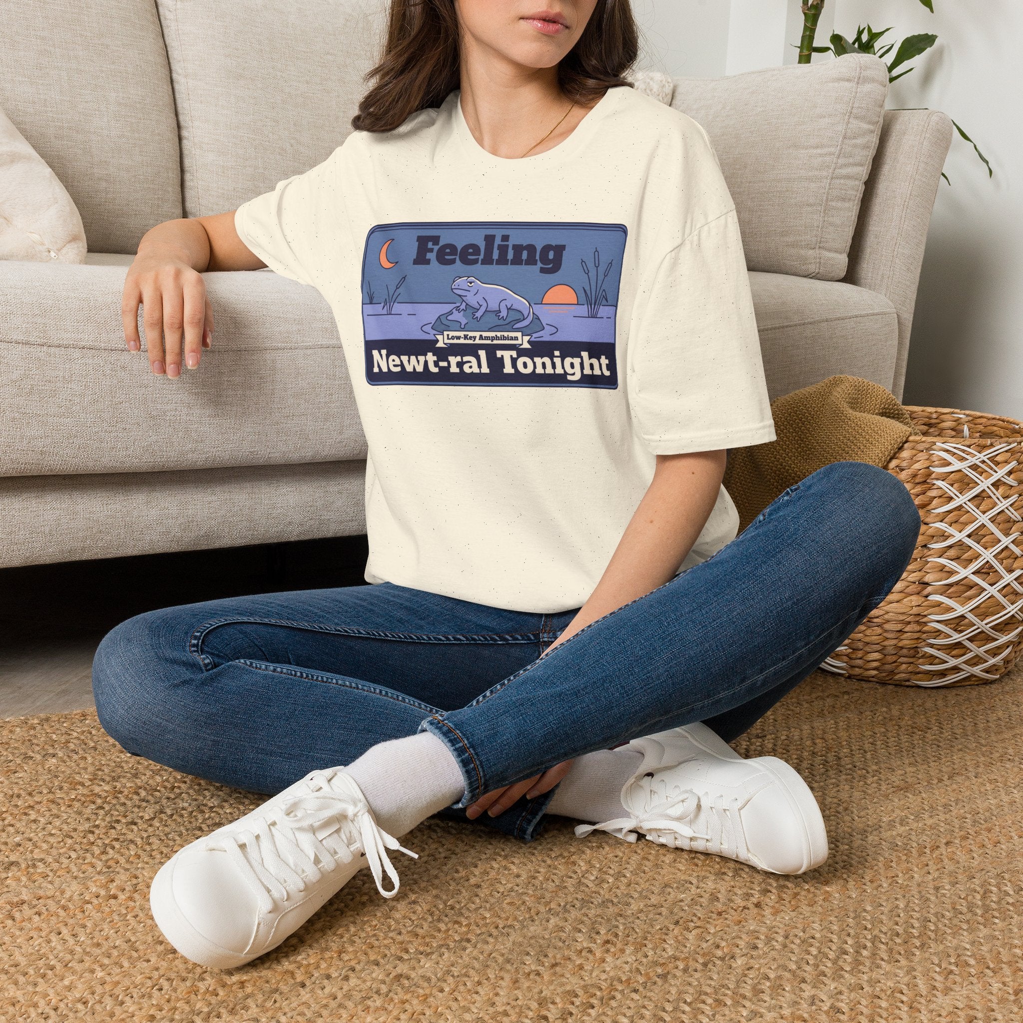 Cream crew-neck T-shirt with blue newt graphic on the front