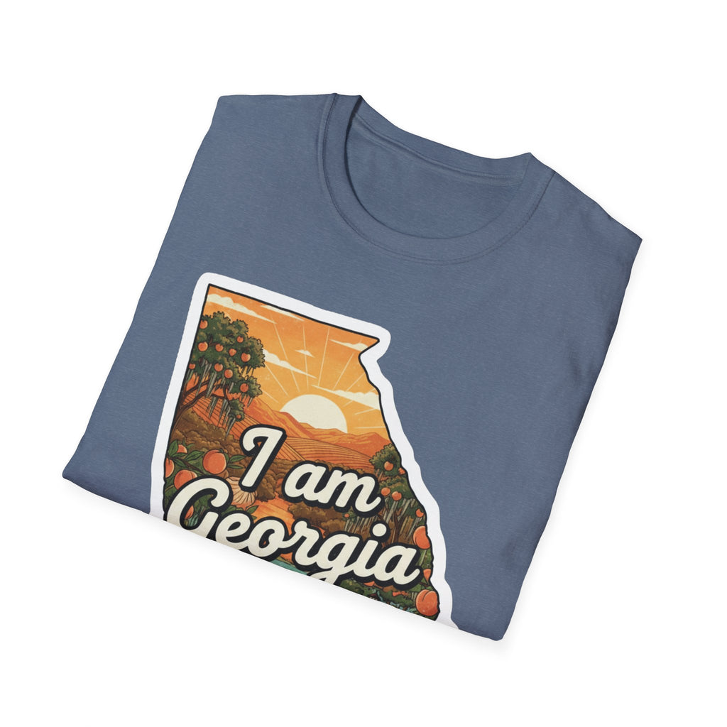 I Am Georgia T-shirt in heather slate blue with “I am Georgia” state map artwork