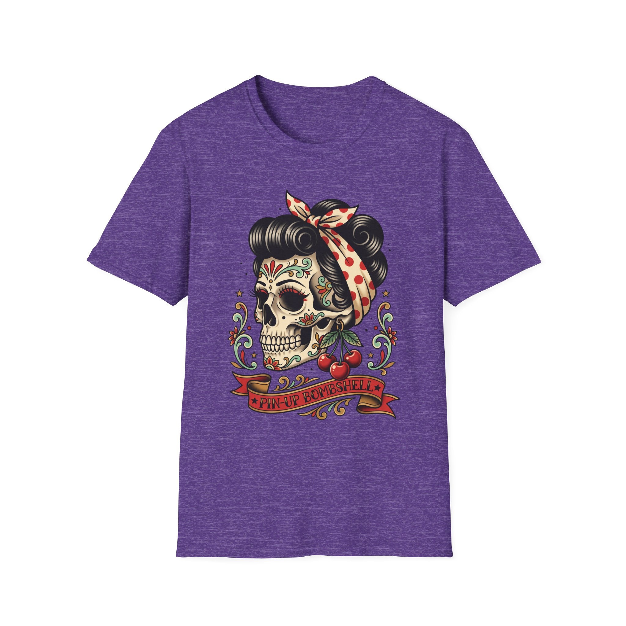 Sugar Skull Pinup T-Shirt in purple with colorful pinup sugar skull graphic