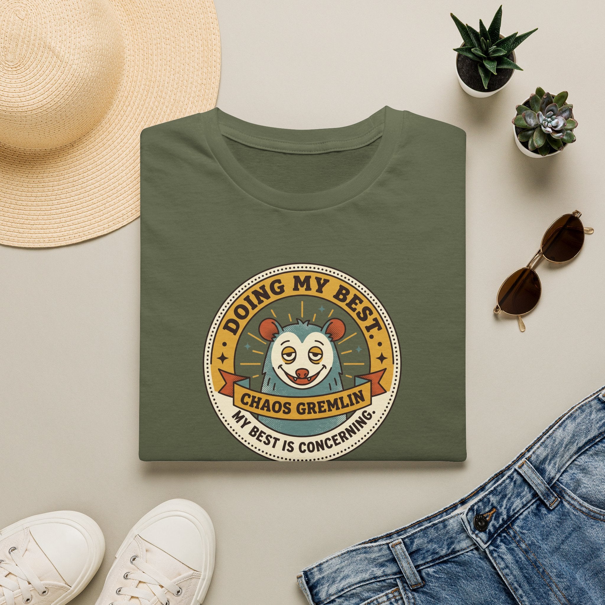 Dark green t-shirt with circular gremlin panda graphic and text at the center