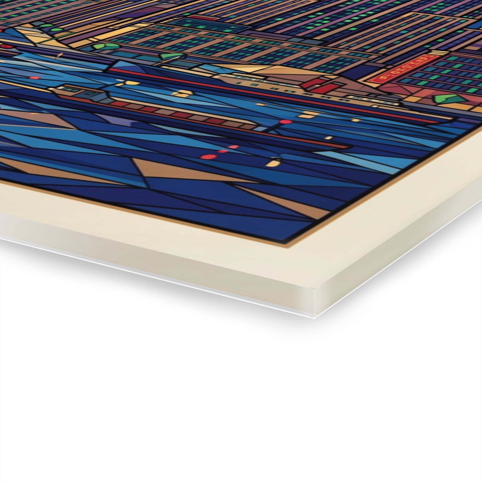 Acrylic print corner close-up with geometric blue city artwork and glossy raised edge