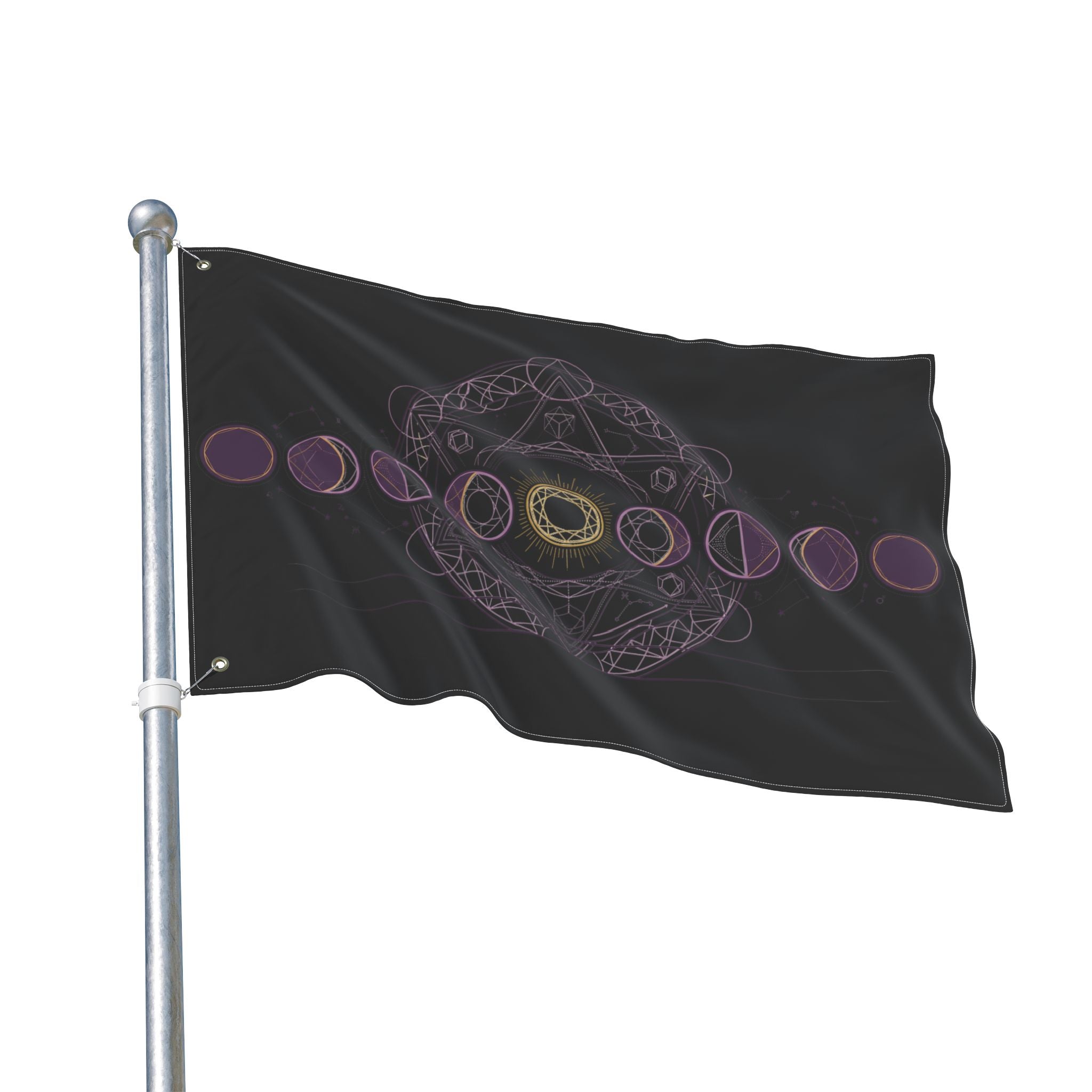 Black moon-phase flag waving on pole, purple ring symbols across center with gold mandala.