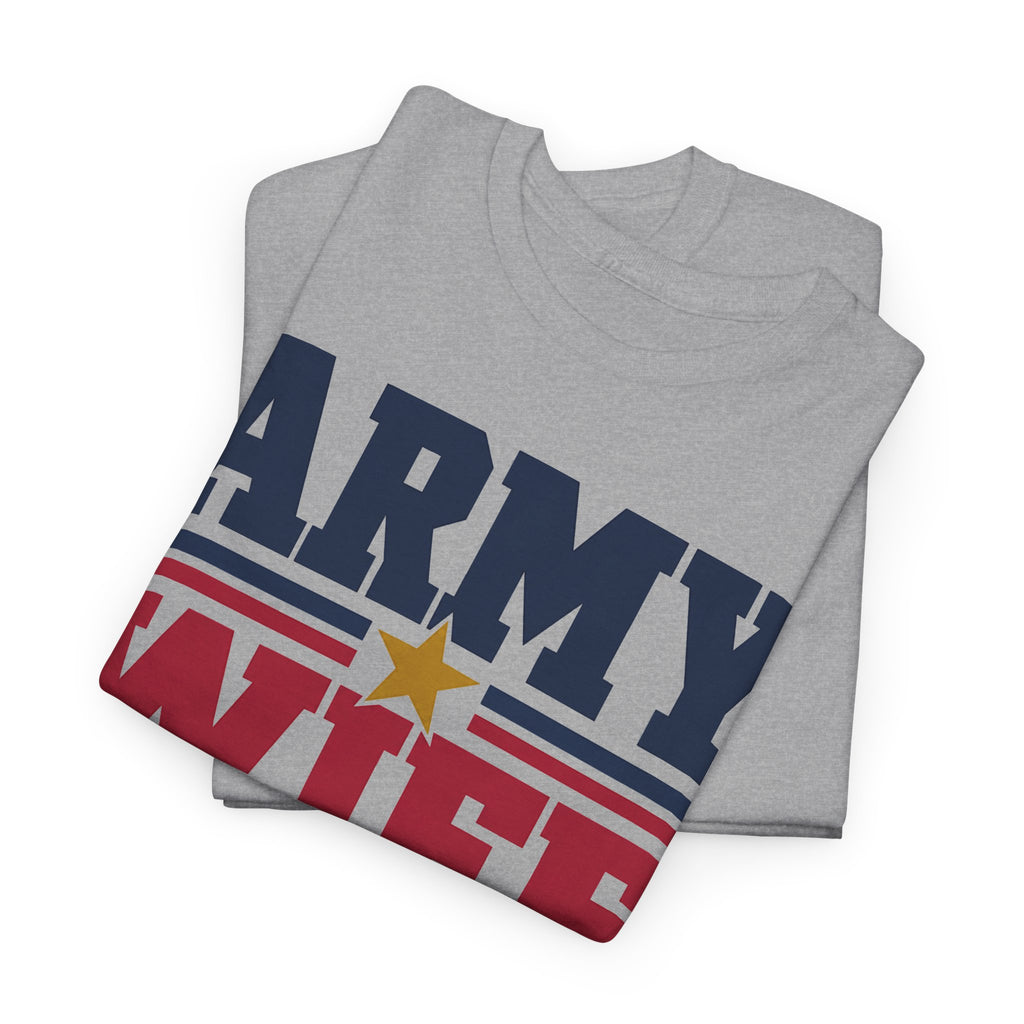 Heather gray T-shirt with patriotic block-letter graphic and gold star