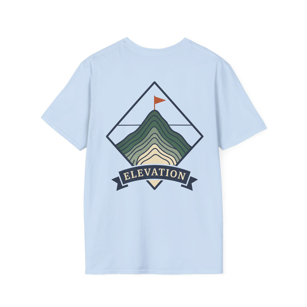 Light blue T-shirt with colored mountain elevation graphic and 'ELEVATION' banner