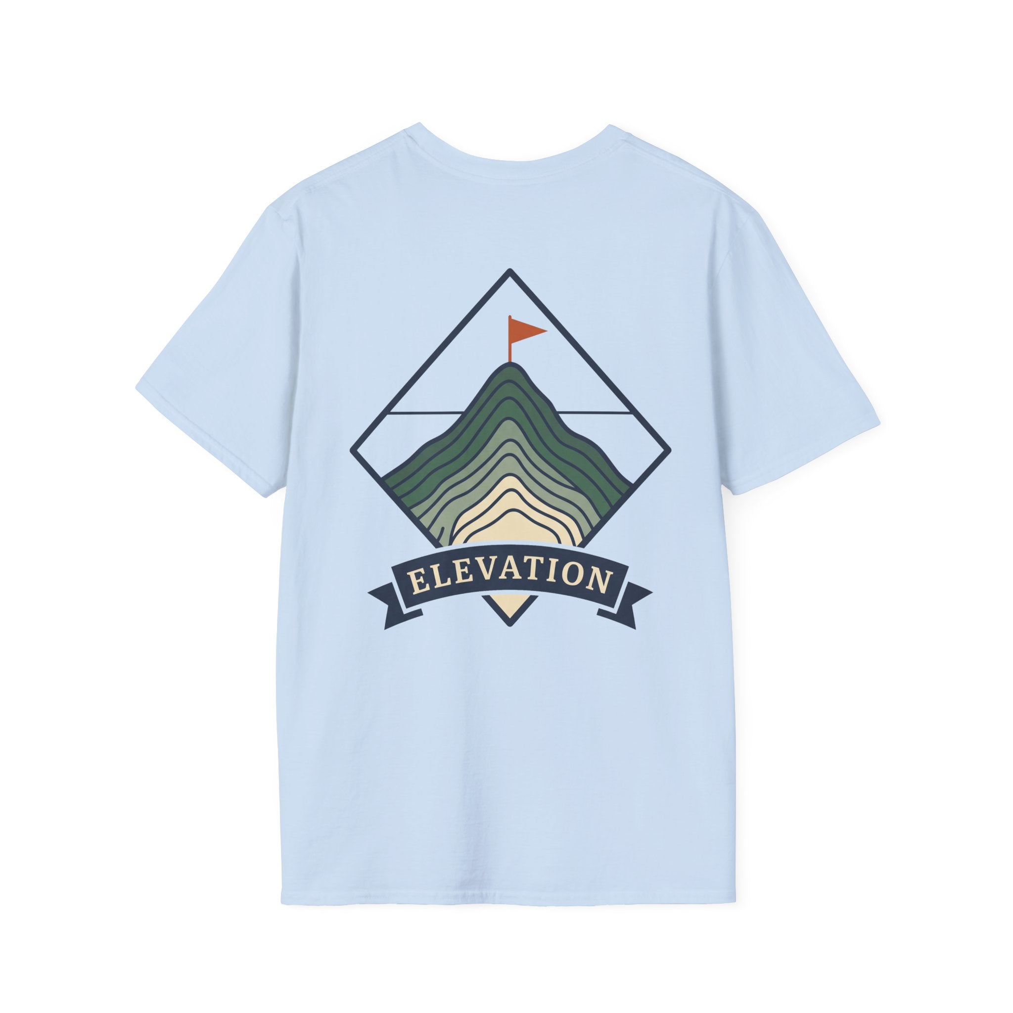 Light blue T-shirt with colored mountain elevation graphic and 'ELEVATION' banner