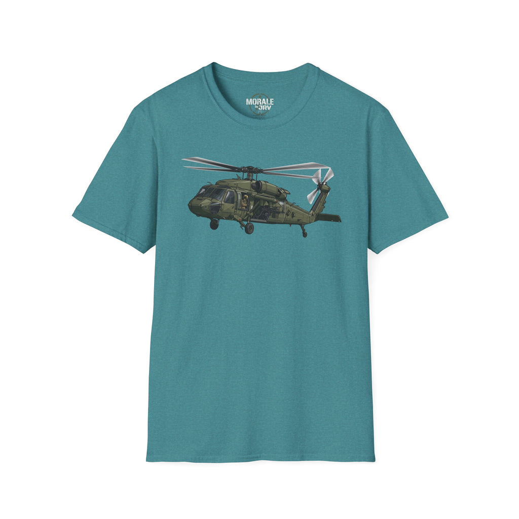 Military Black Hawk helicopter graphic T-shirt, teal blue