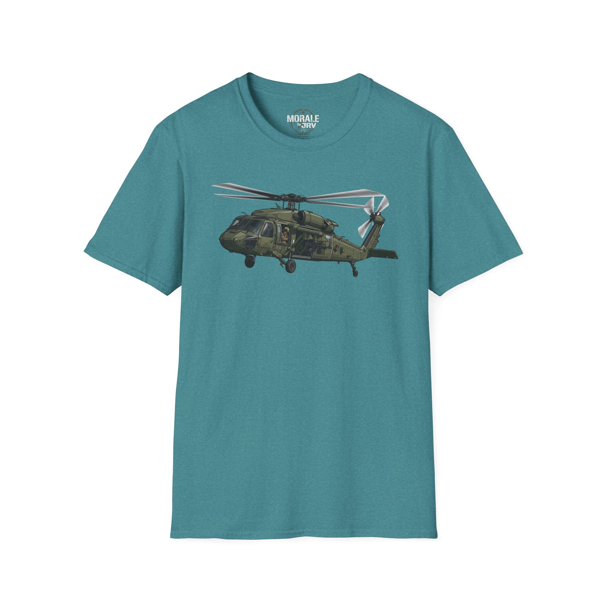 Military Black Hawk helicopter graphic T-shirt, teal blue