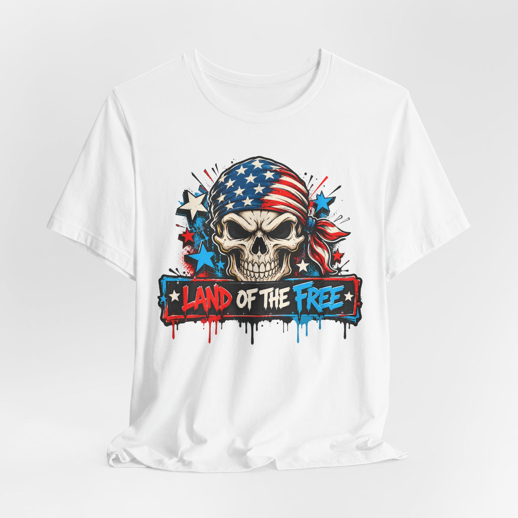 White crewneck T-shirt with patriotic skull and flag graphic and “Land of the Free”