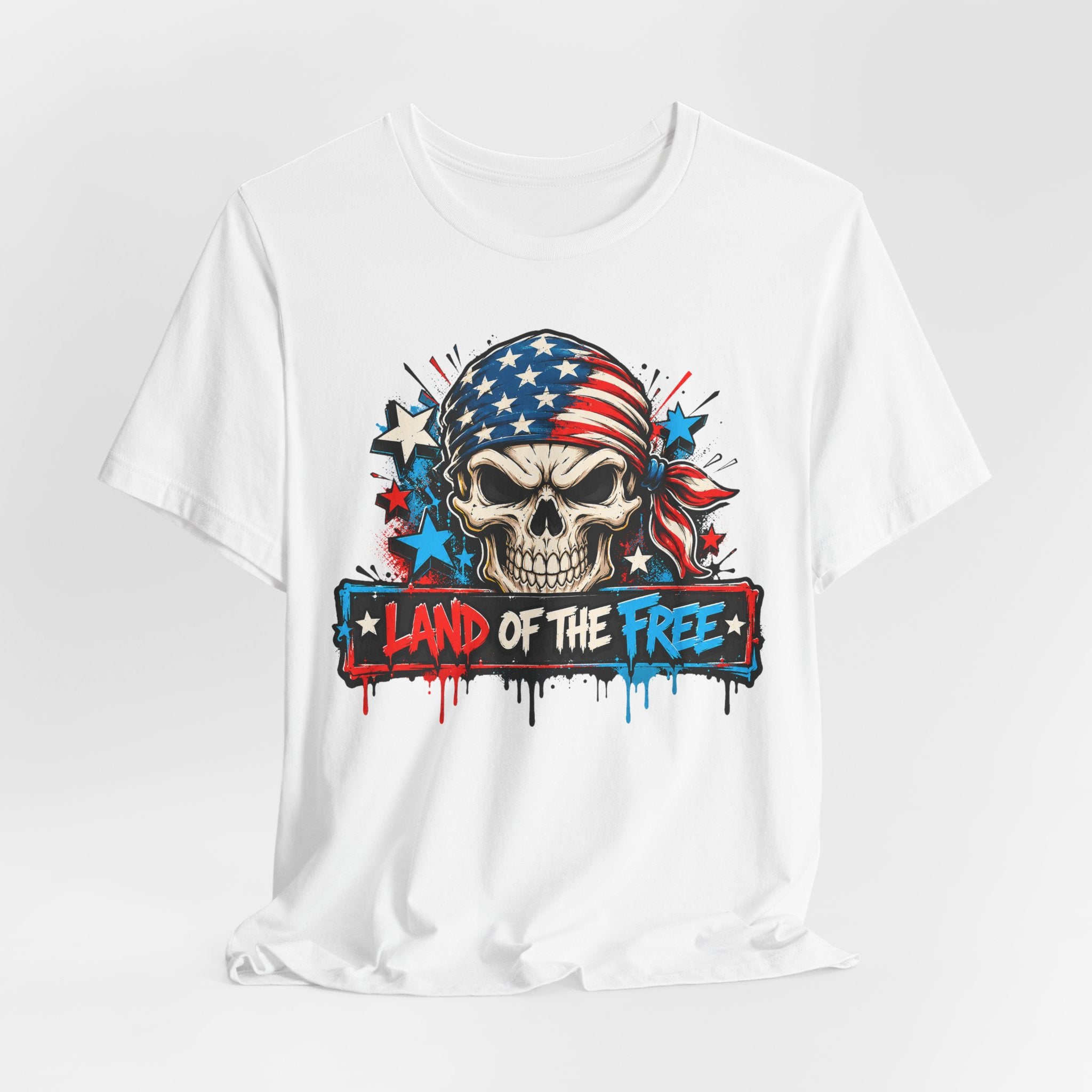 White crewneck T-shirt with patriotic skull and flag graphic and “Land of the Free”