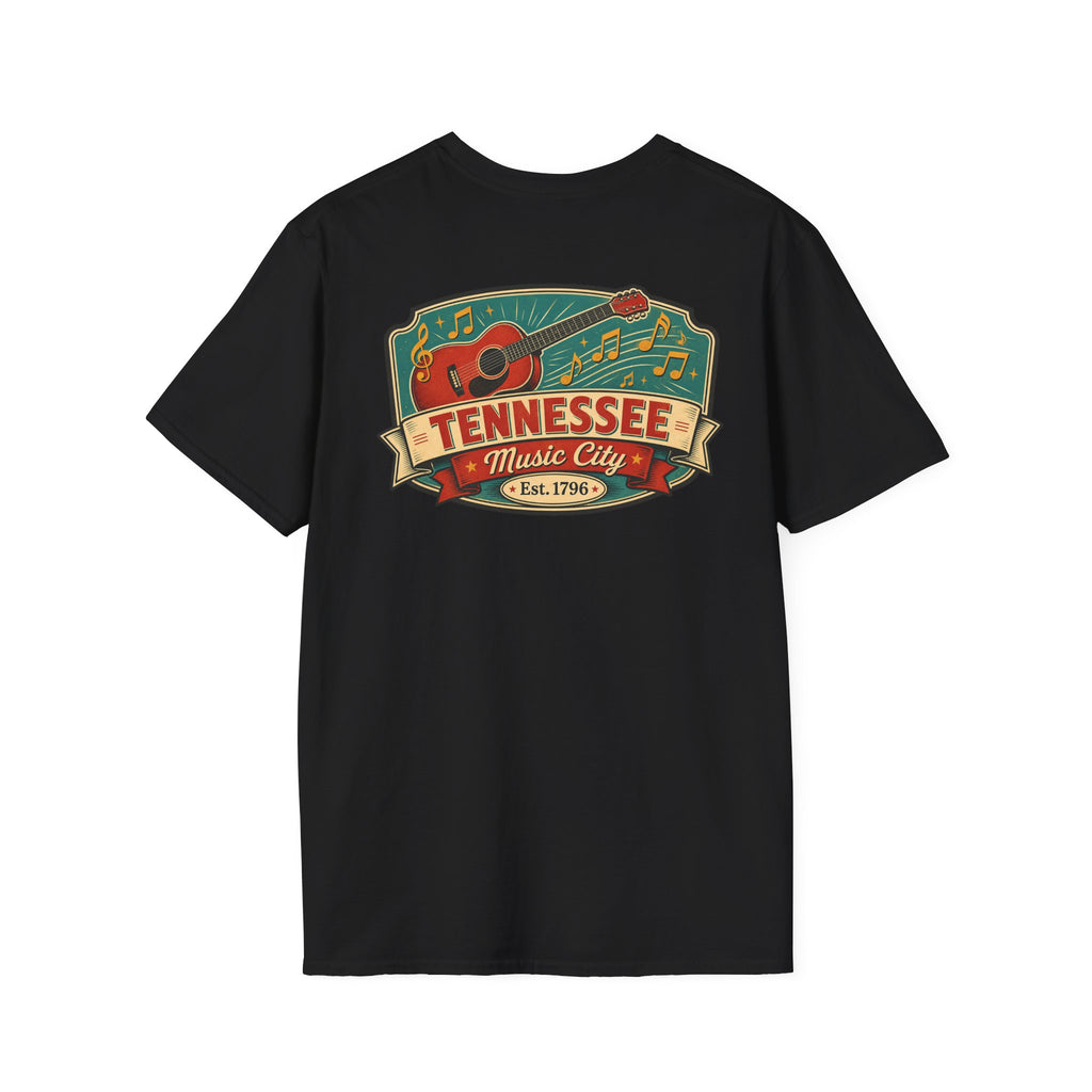 Black graphic T-shirt with Tennessee Music City badge and guitar
